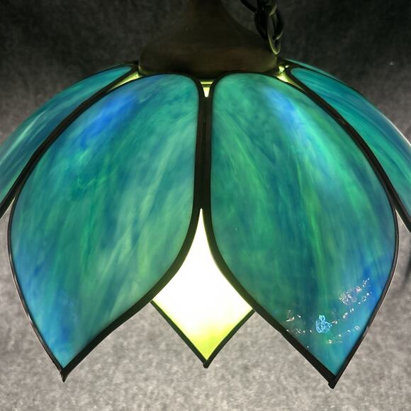 Vintage 1970s Stained Glass Chandelier Two Tier Slag Glass Hanging Lotus Flower - Picture 5 of 16